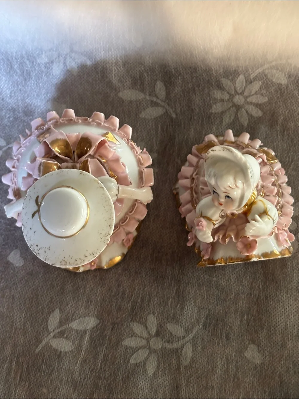 Vintage Porcelain Girl Figurine Set of 2 Bloomer Girl Japan As is